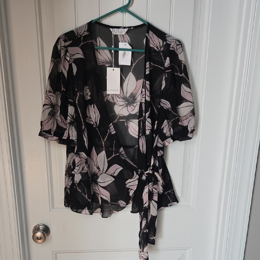 Iselle Elegant Black and Pink Wrap Blouse